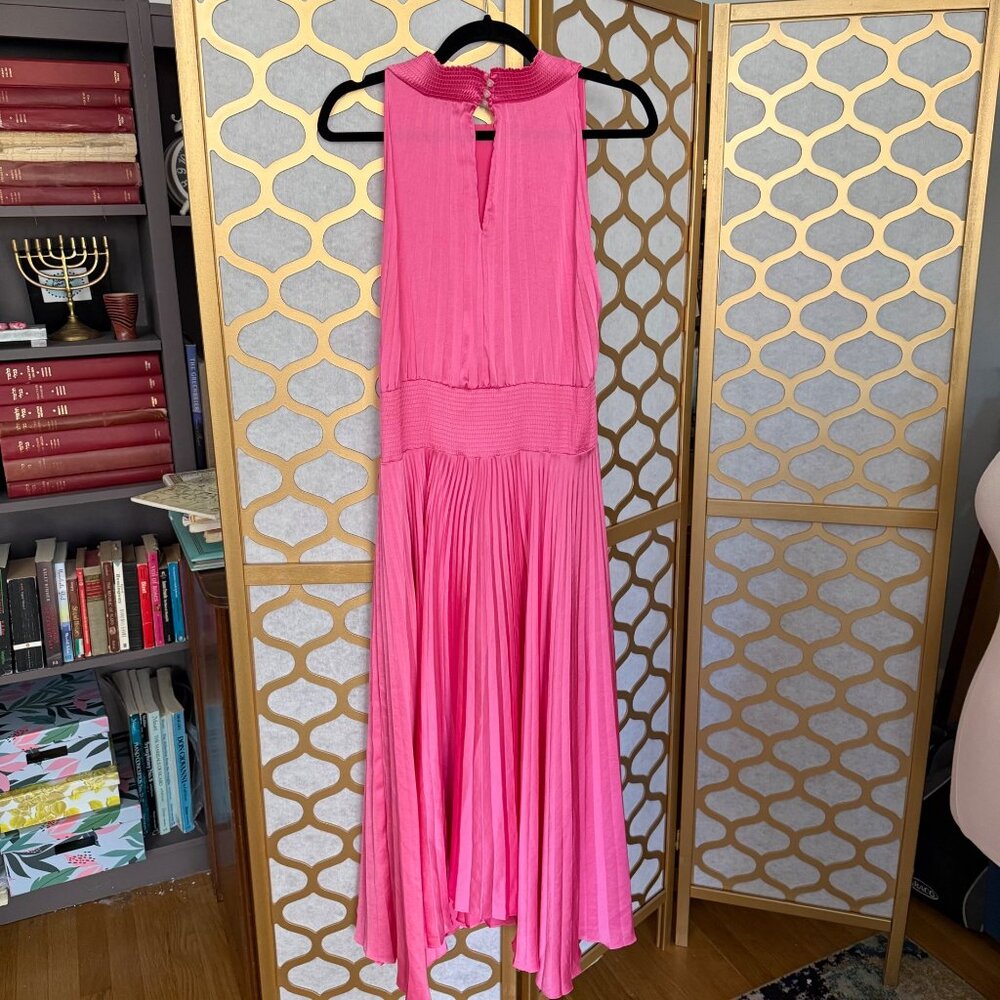A.L.C. Size 6 Pink Satin Renzo Sleeveless Pleated Smocked Blouson Midi Dress - Picture 6 of 16